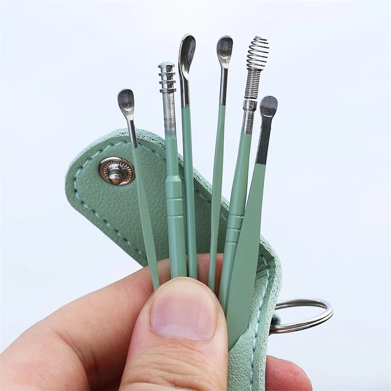 Colher de escavação de orelha em aço inoxidável, capa de couro, 6 peças, colher de limpeza, espiral de duas cabeças, cuidados de saúde, conjunto de ferramentas de seleção de orelha