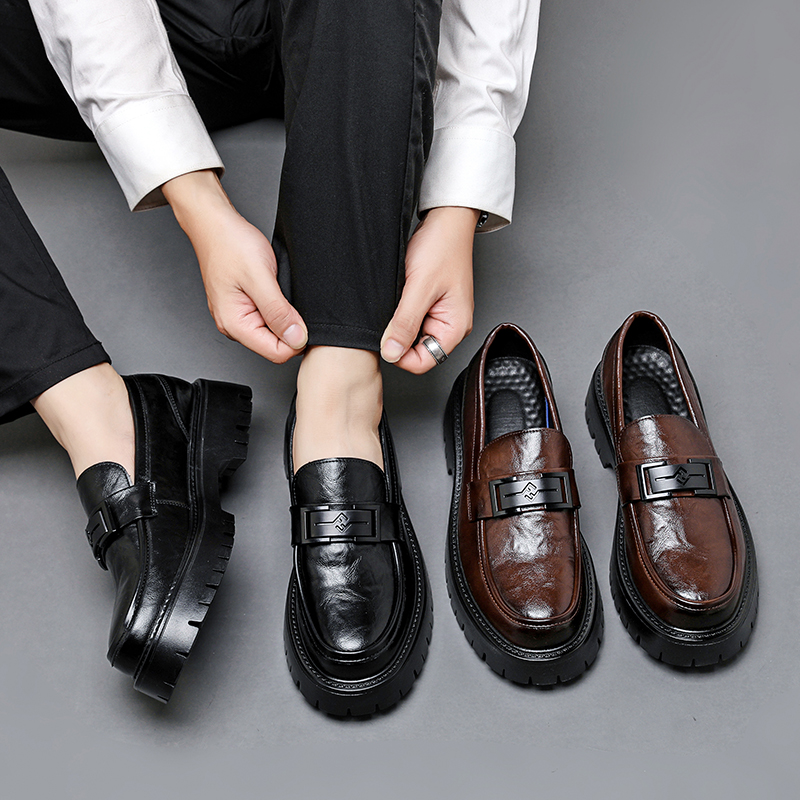 Men's Leather Casual Shoes Thick Soled Loafers Spring Autumn New Style Simple Black Men's Business Work Shoes Big Size：38-48