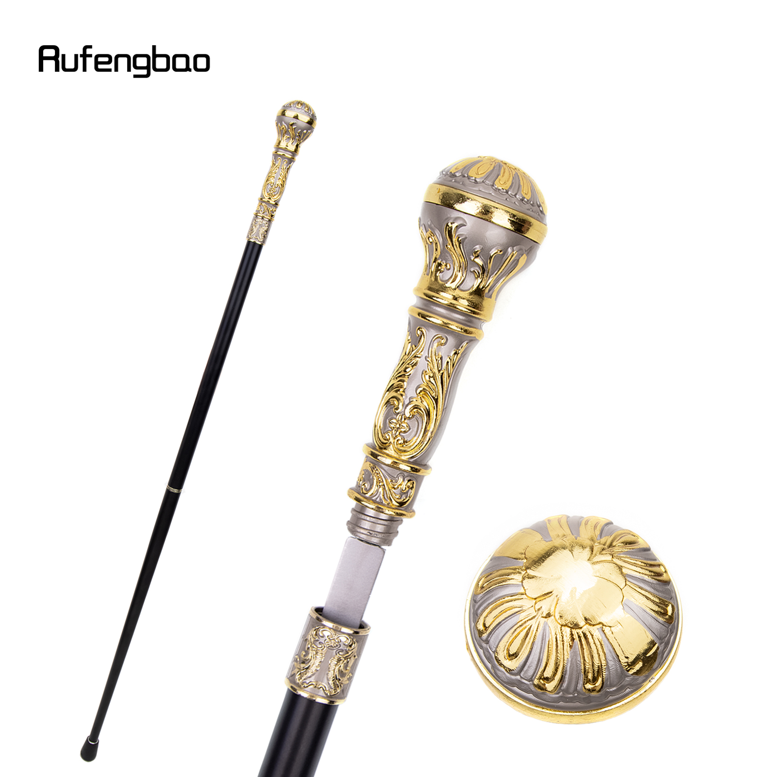 Goudgrijze luxe wandelstok met rond handvat en verborgen plaat Zelfverdediging Mode Rietplaat Cosplay Crosier Stick 93cm