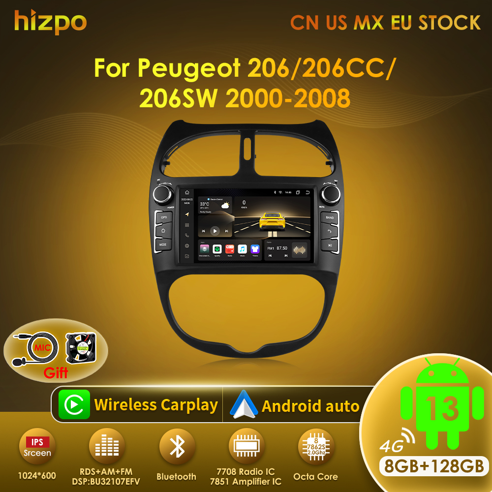 Hizpo 7862 2din Android 13 Radio de coche para PEUGEOT 206 206CC 206SW 2000-2008 reproductor Multimedia automático GPS Autoradio Carplay Navi