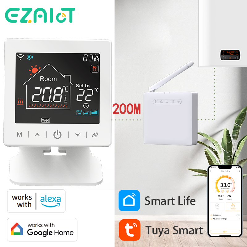 Termostato sem fio inteligente para caldeira a gás, Wi-Fi, Tuya, programável, RF, temperatura ambiente, controle remoto, Alexa, Google