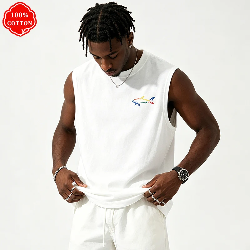 Ärmelloses Sommeroberteil für Herren aus 100 % Baumwolle, Minimal Color Ocean Animal Outline Print, lässiges, übergroßes Tanktop, Trainingsweste-H24