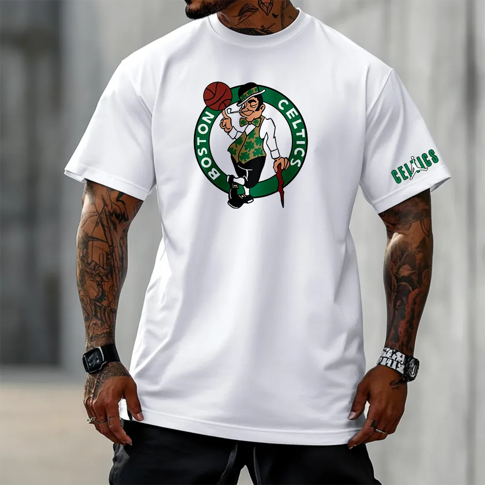 Kaos Katun Putih Gaya Atletik Kasual Retro Boston Gaya Otot Kebugaran Pria