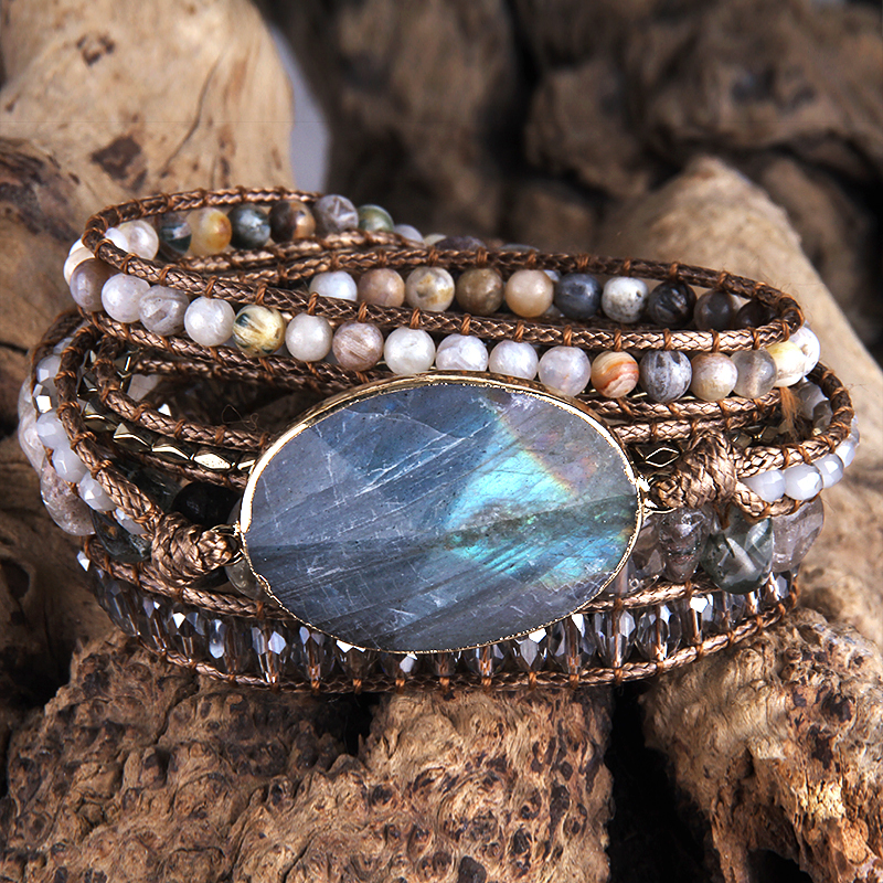 Pulseira boêmia com pedras naturais para mulheres, envoltório de amuleto, pulseiras de mão, bijuterias da moda, mista, presente festival
