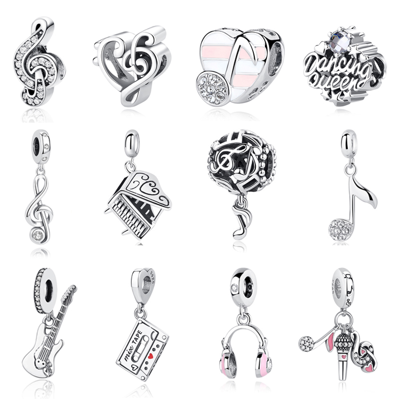 Original Charms aus 925er-Sterlingsilber, Musiknoten, Klavier-Kopfhörer-Anhänger, Perlen, passend für Pan-Armbänder, Halsketten, Schmuck für Frauen