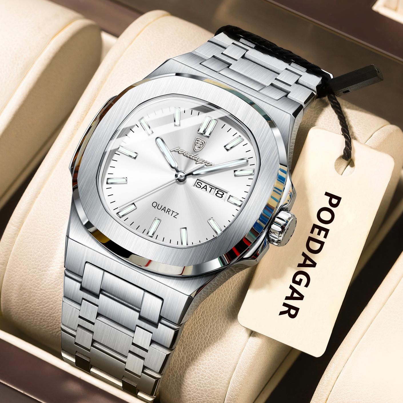 POEDAGAR Klassische Quadratische Männer Armbanduhr Wasserdicht Leucht Datum Woche Casual Mann Uhr Edelstahl männer Quarz Uhren Reloj