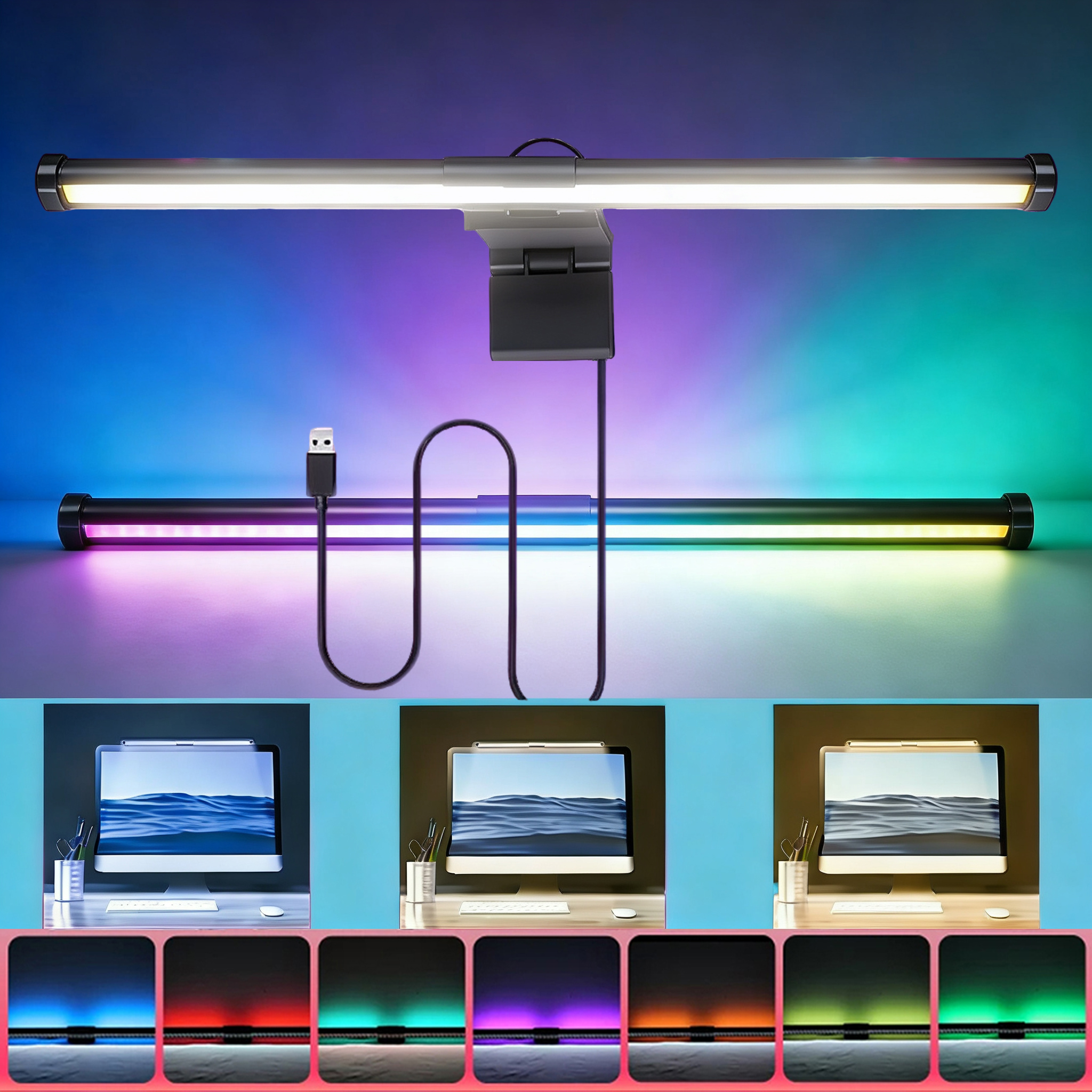 Barra de luz para Monitor de escritorio, iluminación para el cuidado de los ojos, juego de trabajo, aprendizaje, lectura, atenuación, tira de luz de mesa, lámpara de ambiente RGB