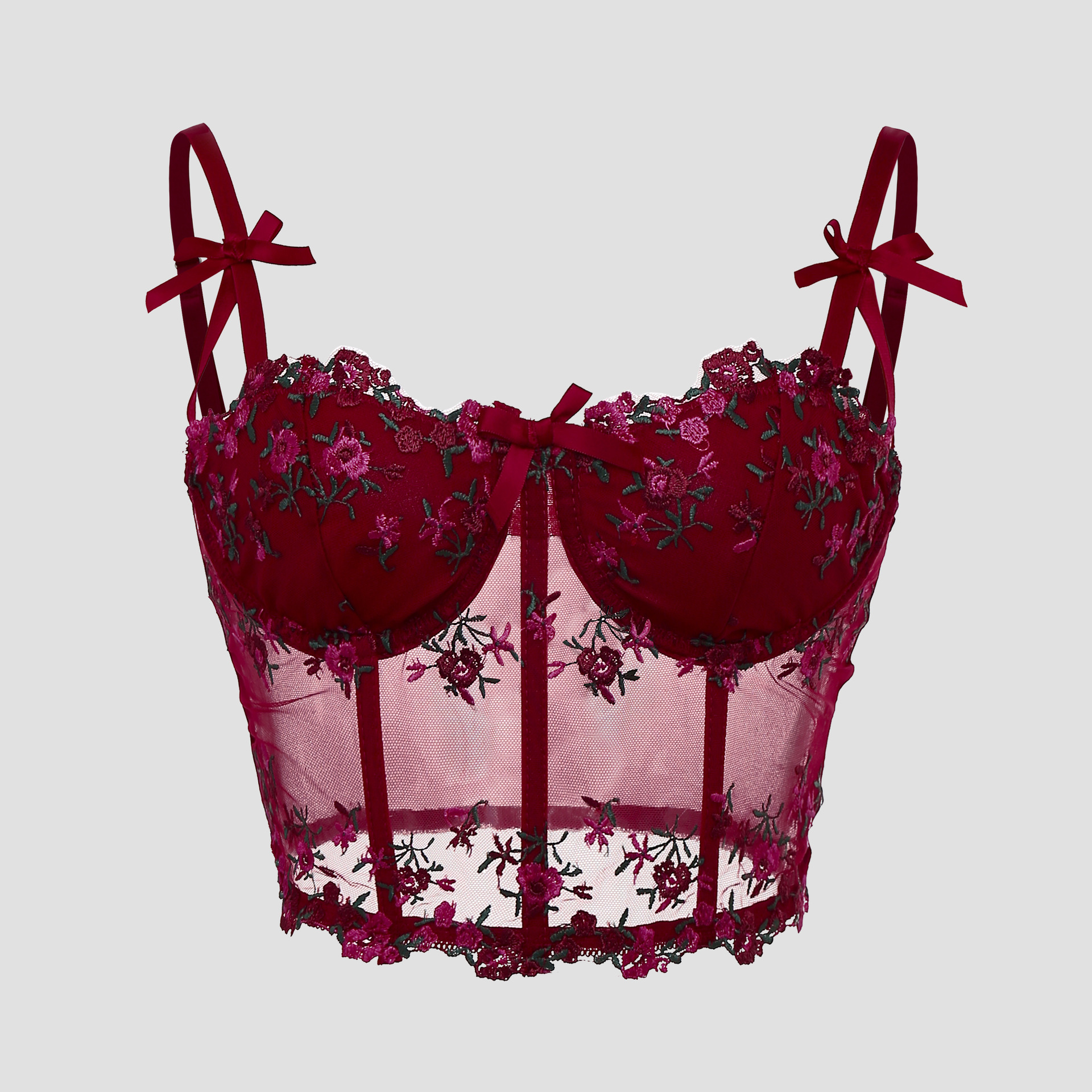 Sexy Spitze Blumen Stickerei Bogen Korsett Für Frauen Leibchen Sheer Mesh Fishbone Schlank Crop Top Wired Bh Camis Festival Dessous