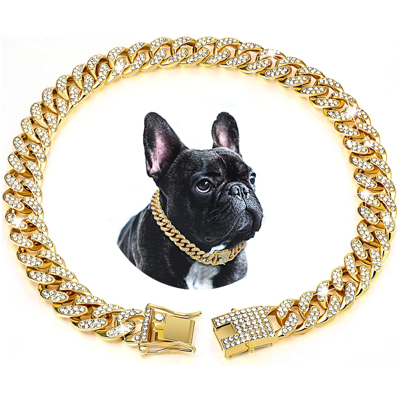 Collare per cani con catena in oro di lusso Collana per cuccioli Accessori per gioielli in cristallo Collare per animali domestici a maglia cubana per cani di taglia piccola, media e grande