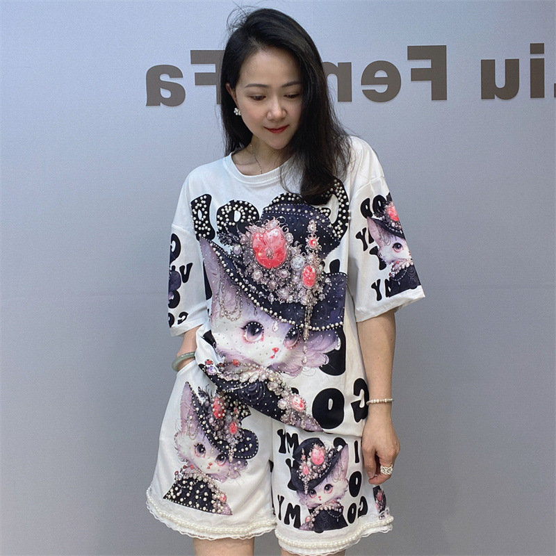 Cartoon Bedrukte Korte Sets Dames Zomerkleding Losse Trainingspak Casual Breien Diamanten Kralen Tweedelige Sets Dames Outifits