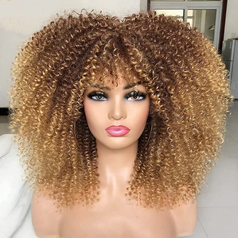 Afro Kręcone Peruki dla Czarnych Kobiet Peruka Kinky Curly z Grzywką Krótki Kręcony Bob 16-calowy Czarny Brązowy Naturalnie wyglądające Włosy Syntetyczne