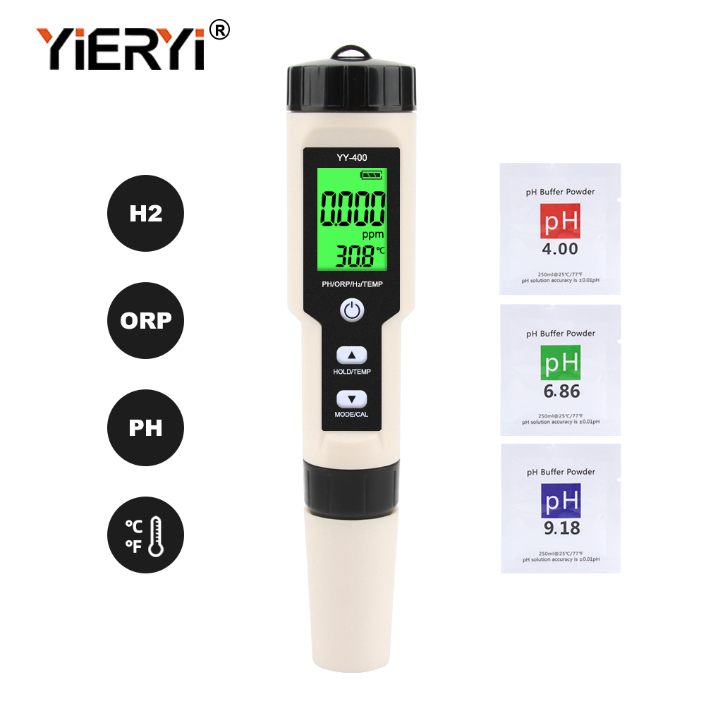 เครื่องวัดไฮโดรเจนในน้ำ Yieryi 4 in 1 วัดค่า H2 PH ORP อุณหภูมิ เครื่องวิเคราะห์ออกซิเจนแบบรีแอคทีฟ ATC 0-2400PPb สำหรับตู้ปลา สระว่ายน้ำ สปา