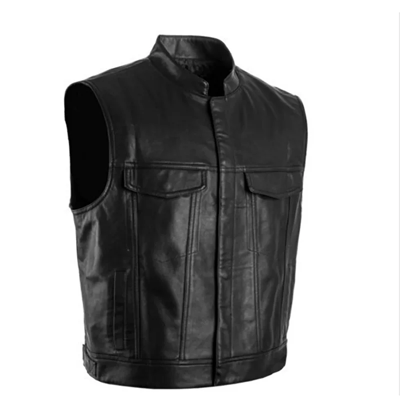 Rompi Pria Hitam Biker Motor Hip Hop Rompi Kulit Imitasi Pria Punk Musim Semi Rompi Kulit Tanpa Lengan Ukuran Besar Longgar Kasual