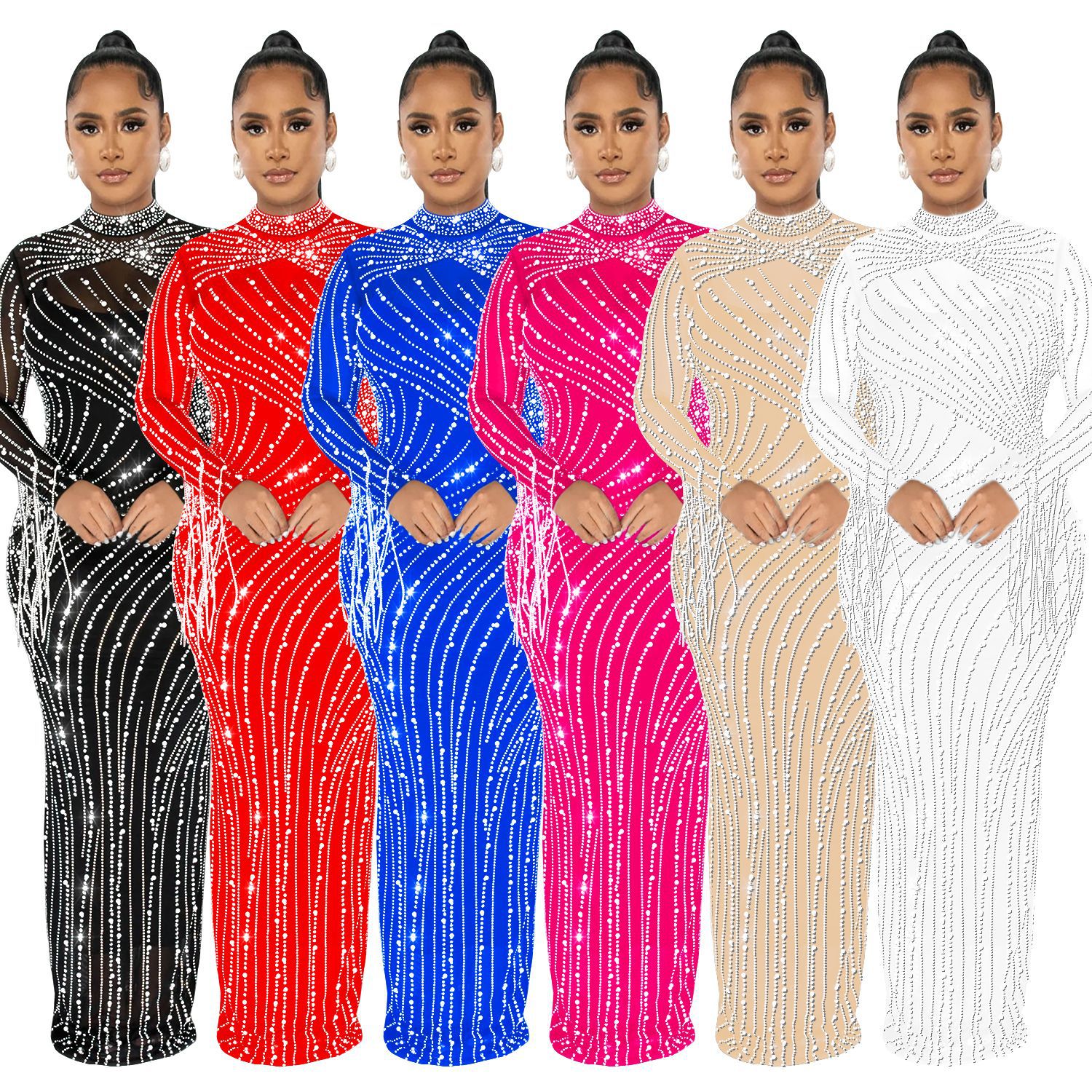 EINY Eleganckie sukienki wieczorowe Fashion z siateczki, zdobione diamentami, z długim rękawem, idealne na studniówkę, szykowne, na imprezę, formalne, dopasowane, sukienki na wieczór, odzież y2k