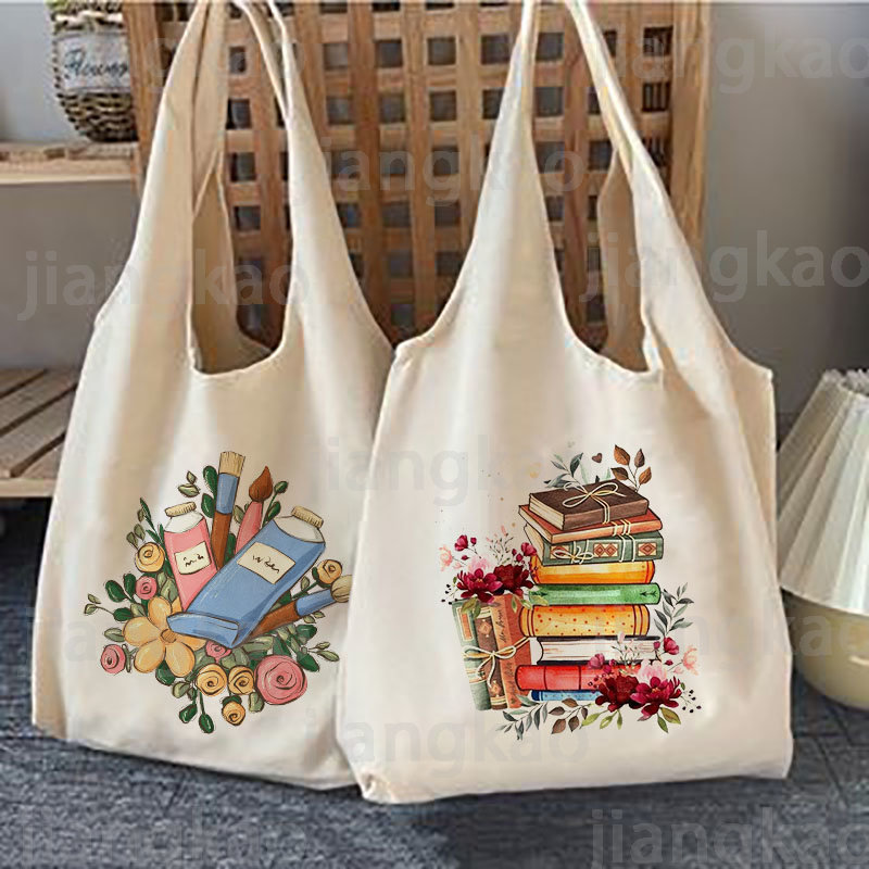 Libri floreali Borsa a tracolla stampata Libro di letteratura Borse a tracolla con fiori Illustrazione Borsa per libri per ragazze Borsa da viaggio in tela Harajuku