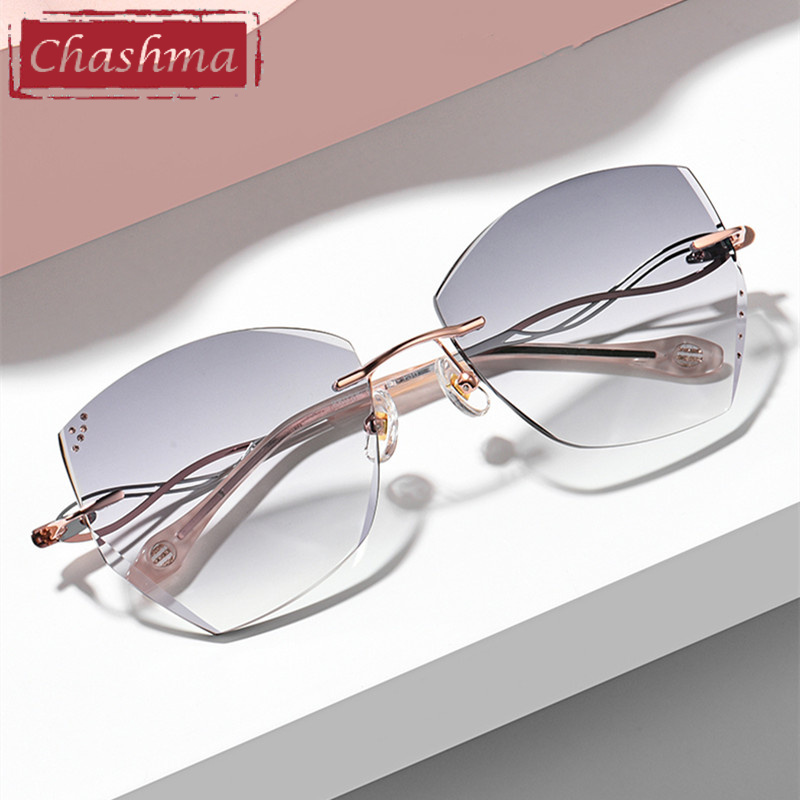 Gafas de sol sin montura para mujer, lentes de lujo con tinte de cristal de titanio, montura graduada, lentes personalizadas