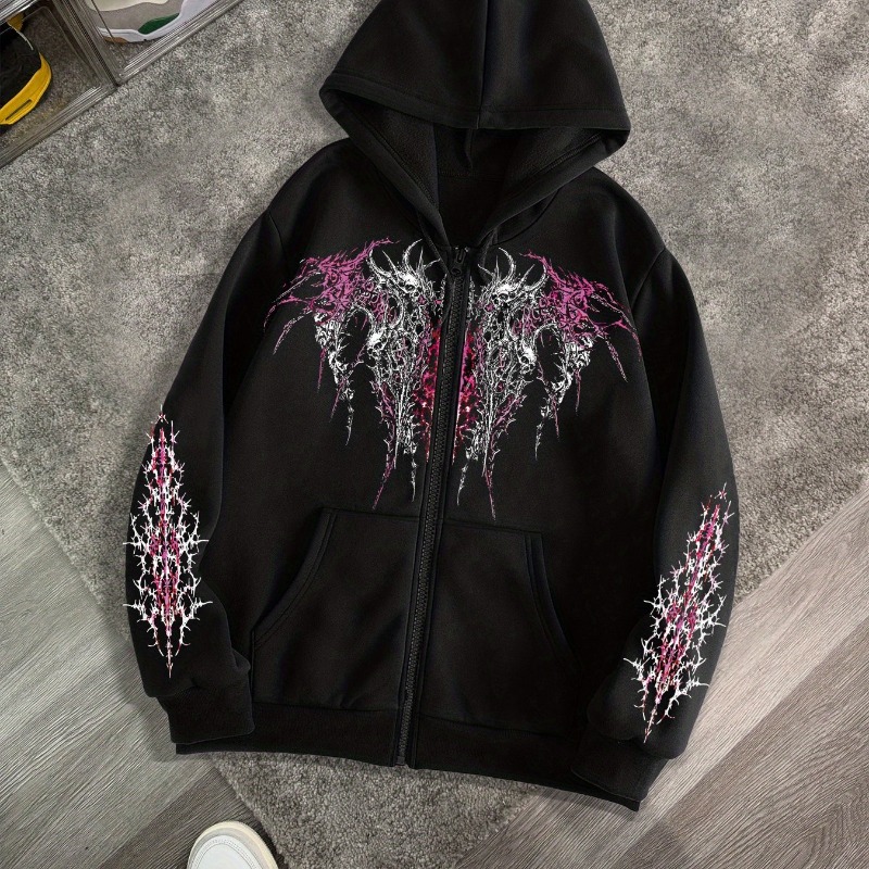 Sweater Olahraga Kasual Berkerudung dengan Ritsleting dan Cetakan Gelap Gaya Gothic untuk Pria, Jaket Ritsleting Musim Gugur dan Musim Dingin, Atasan Gaya Jalanan Retro Kasual Baru