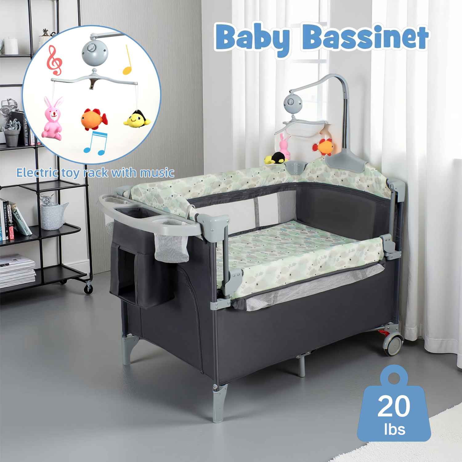 Pack n Play, Laufstall mit Wickeltisch, Abschließbaren Rädern und Musikbox, Faltbarer Laufstall für Säuglinge bis Kleinkinder