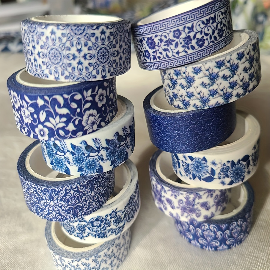 Ensemble de rubans Washi bleu et blanc ; Jolis designs chinoiserie ; 12 rouleaux! Ruban décoratif ; Journalisation, Scrapbooking