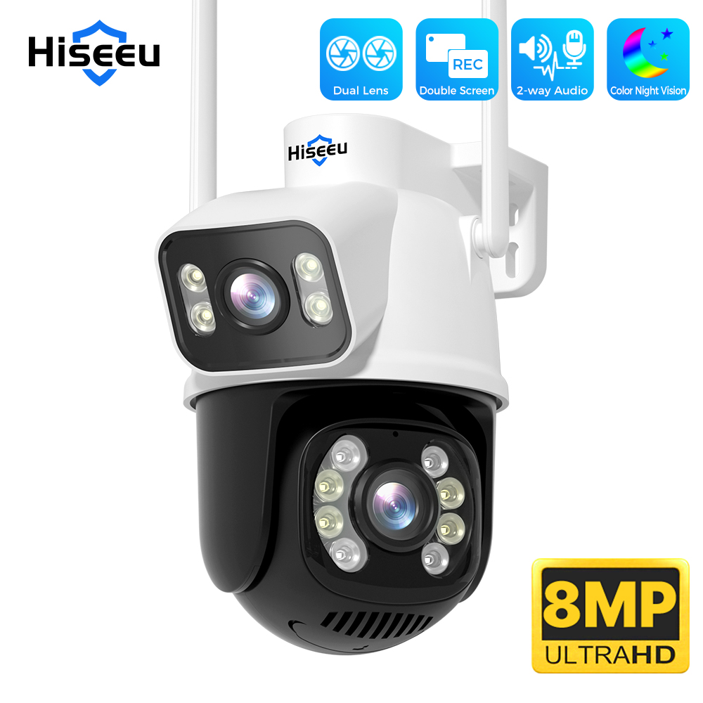 Камера наблюдения Hiseeu 8MP Wifi двухэкранная двухобъективная цветная камера ночного видения Ai автоматически отслеживает наружную беспроводную камеру безопасности