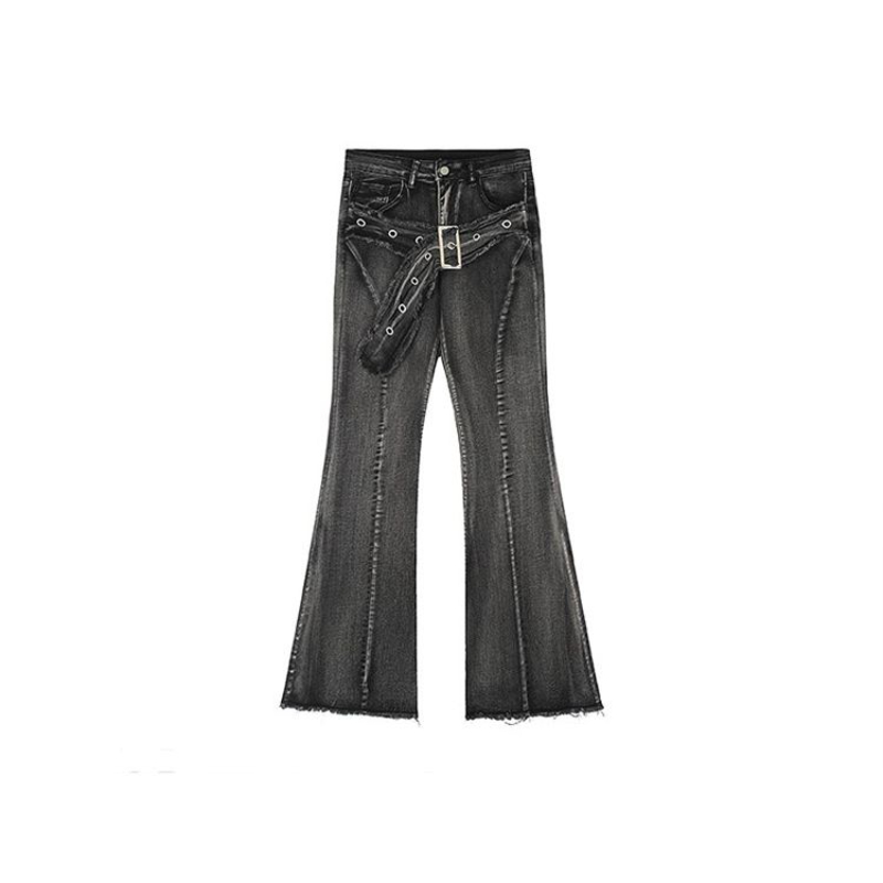 New retro micro-flare women jeans ins fashionable streetwear hot girl style belt bristled design slim straight pants