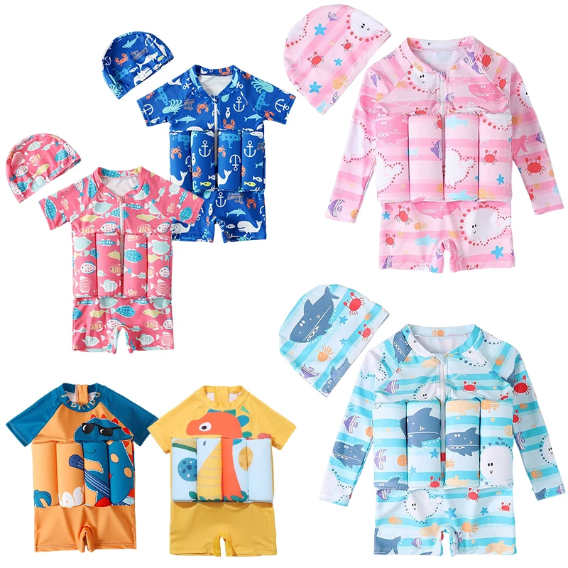 Maiô flutuante para crianças, roupa de banho com estampa de desenho animado, peça única, flutuante, proteção contra queimaduras, roupas de banho para meninos e meninas