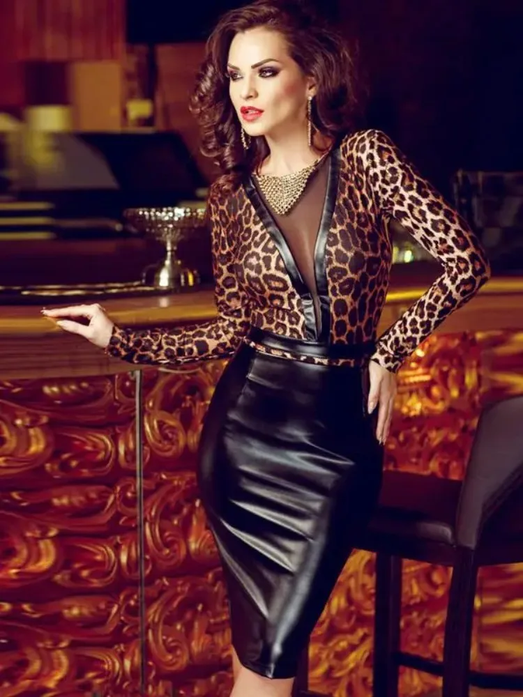 Damen Leder Leopard Kleid Langarm Bodycon Kleid Clubwear