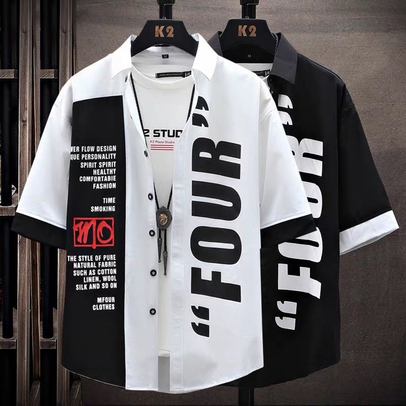 Men's Short-Sleeve Shirt 2025 Summer Five-Quarter Sleeve Japanese Street Brand Shirt Teenagers Punk Handsome