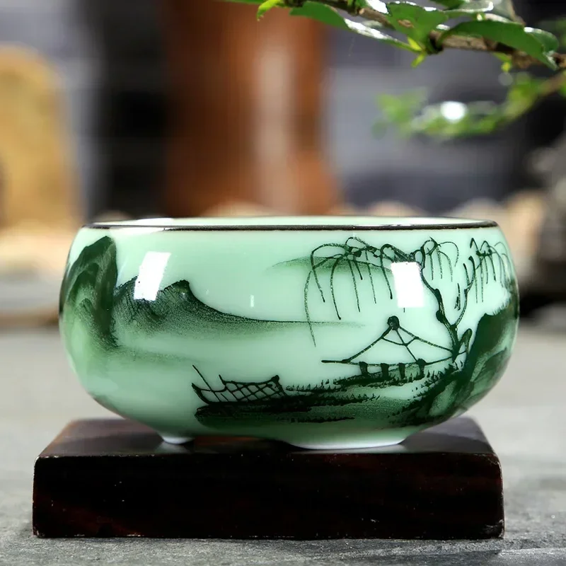 Traditionelle Seladon handbemalte Landschaft Teetasse Keramik Lotus Bambus Karpfen Tee-Set Doppel-Fisch Chinesischer Tee Master Cup 80 ml