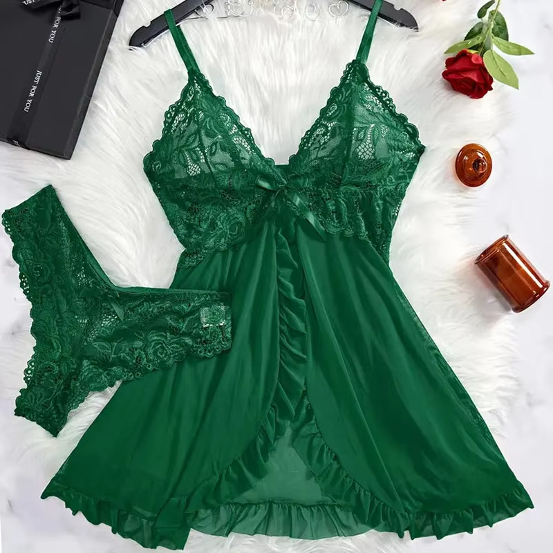 Ensemble de 2 chemises de nuit en dentelle pour femmes, vêtements de maison exquis, nouveaux pyjamas verts pour la nuit, robe de nuit transparente à fente, ensembles soutien-gorge et culotte à col en V