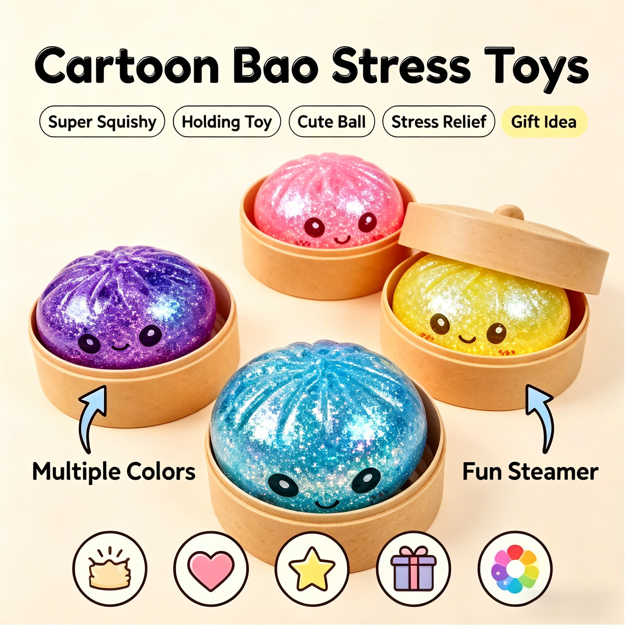 Gestoomd broodje Knijpspeeltje Simulatie Bao Stress Relief Fidget Toy met kralen Sparkles Soft Squishy Sensorische decompressie-accessoire
