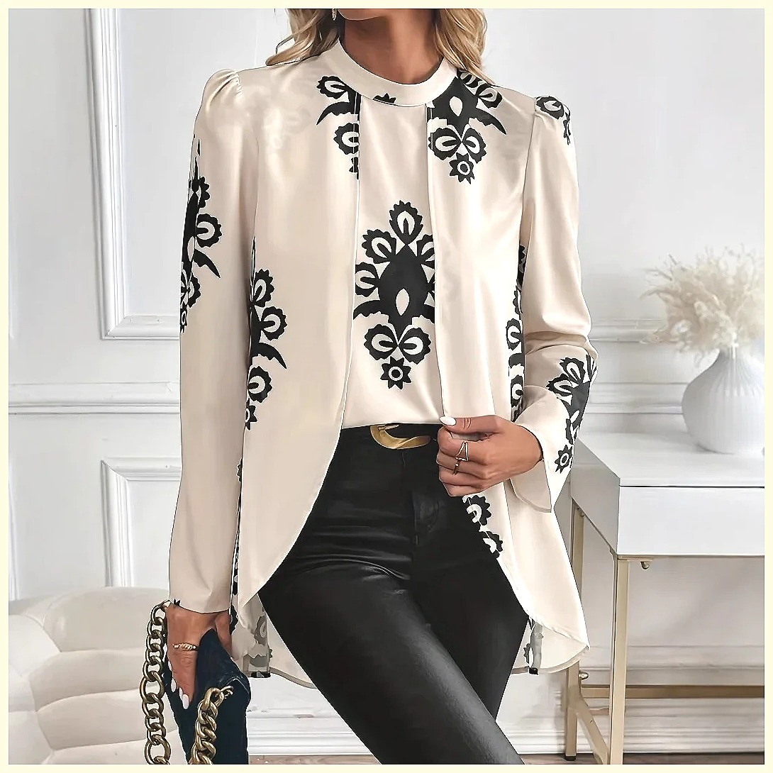 Blusa de Moda 2026 para Mujer, Manga Larga con Estampado, Elegante Top de Oficina con Diseño de Dos Piezas