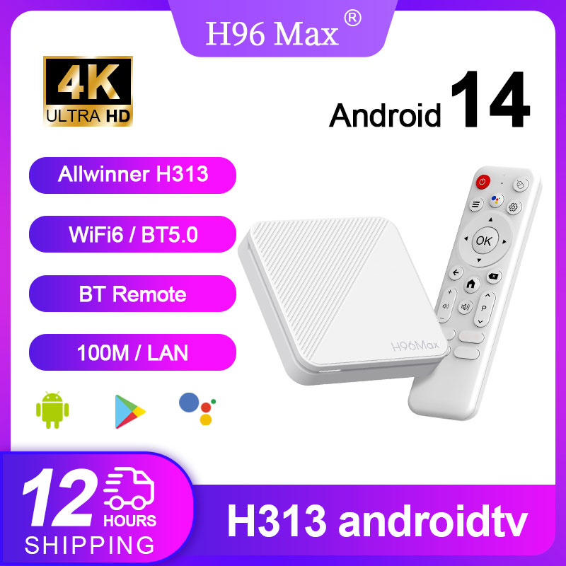 H96 MAX H313 Smart TV Box Android 14 ATV TV Box 4K @ 60fps 100M/LAN Wifi6 BT5.0 asistente de voz de Google reproductor multimedia decodificador