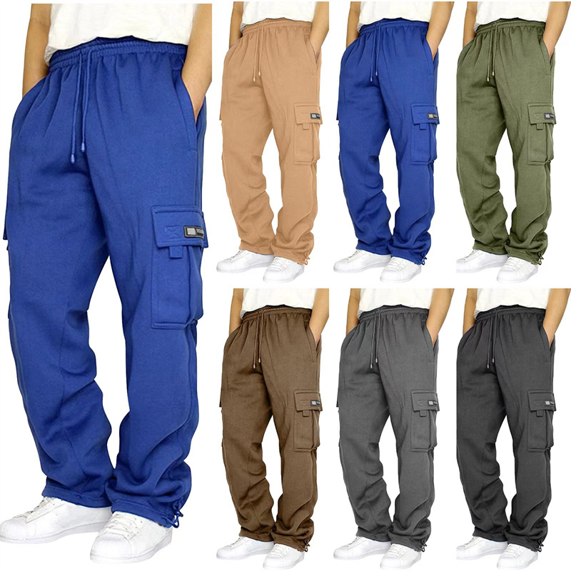Calças Casuais de Moda Masculina para Outono e Inverno, Calças de Esporte em Cor Sólida com Múltiplos Bolsos, Calças Cargo Largas e Soltas para Homens