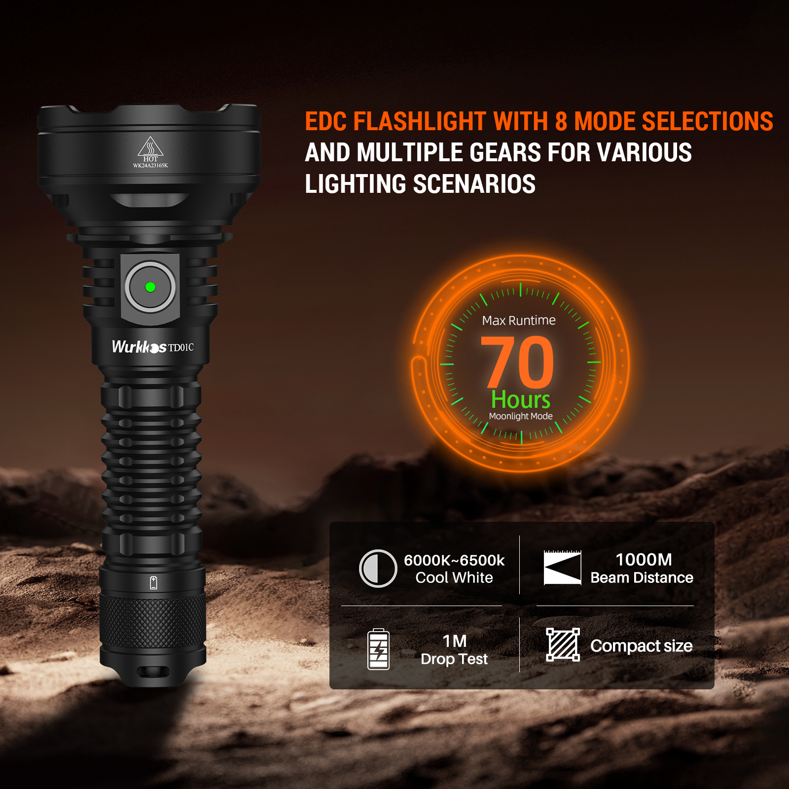 Wurkkos TD01C Torch 21700 Tactical Lamp 1800LM Rechargeable Led Flashlight 1000 Meters Range IP68 Outdoor Light for Self Defense