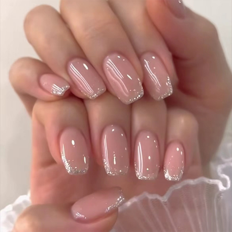 24 pçs curto quadrado imprensa em unhas gradiente glitter unhas falsas linhas de ponta francesa unhas acrílicas cobertura completa wearable dicas de unhas falsas