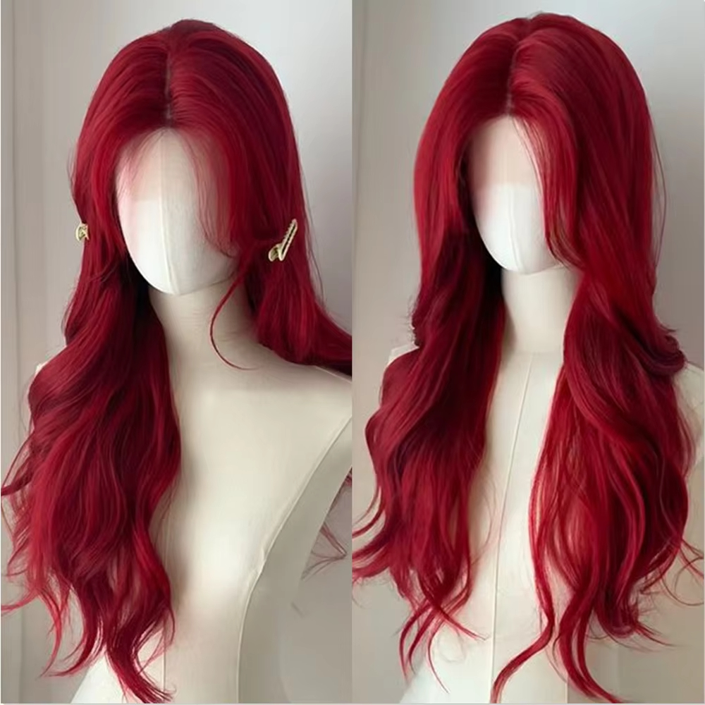 Rode synthetische pruiken Lang lichaam Golvende pruik Natuurlijke haarlijn Dagelijks Rood haar Hittebestendige vezel Gladde partij Cosplaypruik