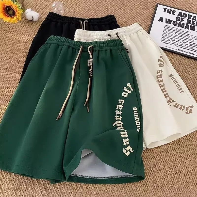 M-5XL pantalones cortos para hombre, pantalón corto informal, pantalones cortos de playa de gran tamaño, pantalones cortos deportivos con estampado de letras Retro, pantalones cortos de cinco puntos, ropa para hombre