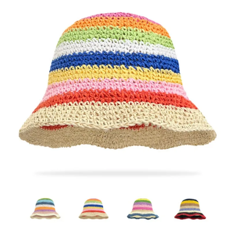 Sombrero de paja plegable de ganchillo para mujer, sombrero de paja hecho a mano para playa, viajes y vacaciones