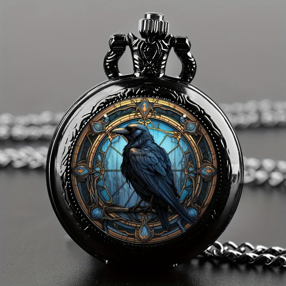 Mini relógio de bolso de quartzo de corvo preto vintage exclusivo, pingente de colar com recurso mundial, presente ideal para homens, mulheres e crianças