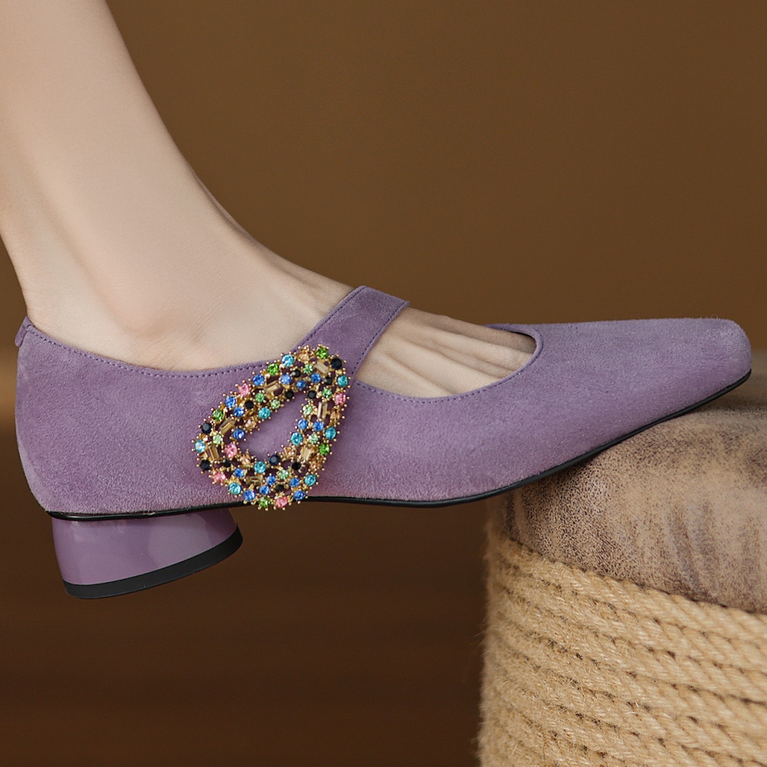 Women's natural suede leather crystal buckle square toe slip-on Mary Jane pumps 3.5cm thick med heel slim daily dress shoes sale
