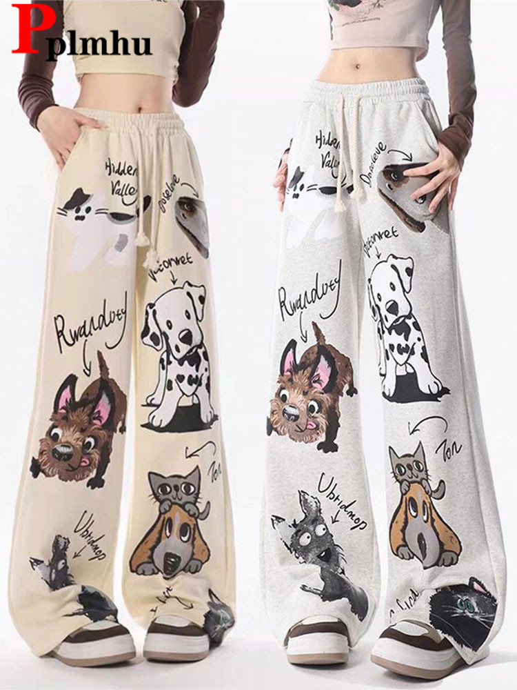 Casual chique design padrão baggy calças retas mulheres cintura alta rendas até pantalones moda coreana primavera outono solto spodnie novo