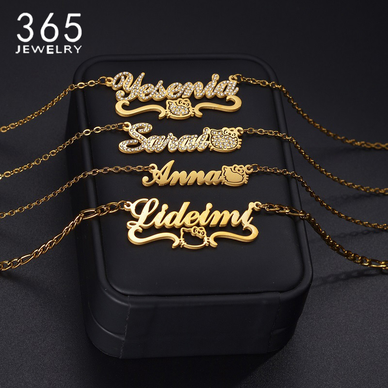 Collar con nombre personalizado para mujer y niña, placa con diamantes de imitación con forma de gato, joyería bonita, regalo de cumpleaños, 365