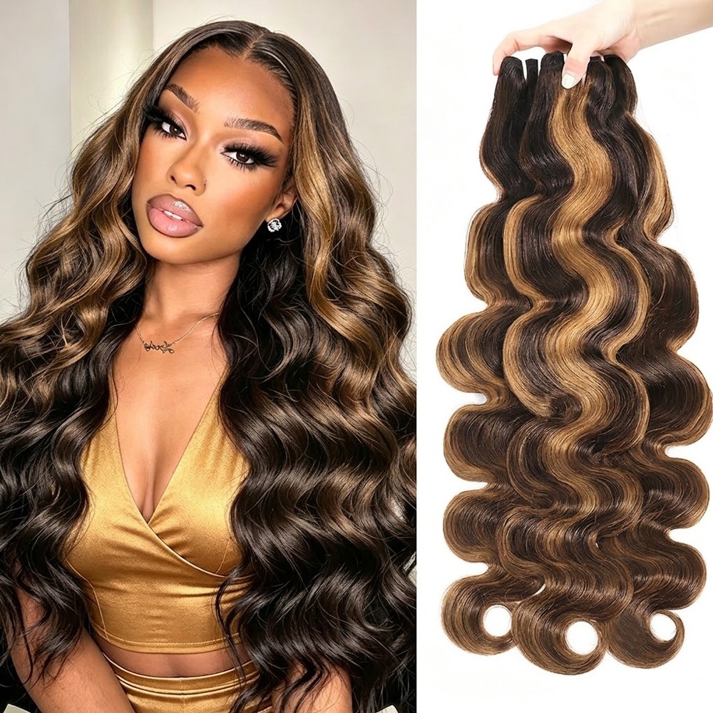 16A Body Wave Highlight Bundles Human Hair 4/27 Colored Highlight Ombre 26 28 30 32 Inch 3 4 Bundle Brazilian Virgin Remy Double Weft 100% Raw Human Hair Bundles Extensions For Women