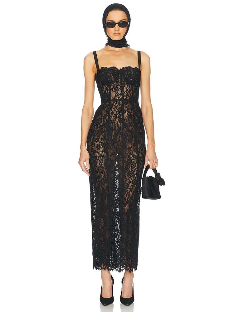 Vestido largo sexi de encaje con cuello cuadrado y tirantes finos para mujer, vestidos ajustados sin mangas de encaje Floral negro, vestidos elegantes de noche para celebridades