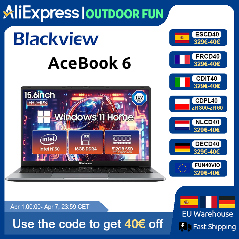 Blackview AceBook 6 laptop 15,6" FHD IPS Intel Twin Lake N150 16GB RAM 512GB SSD + uitbreiding tot 1TB Windows 11 Home Notebook