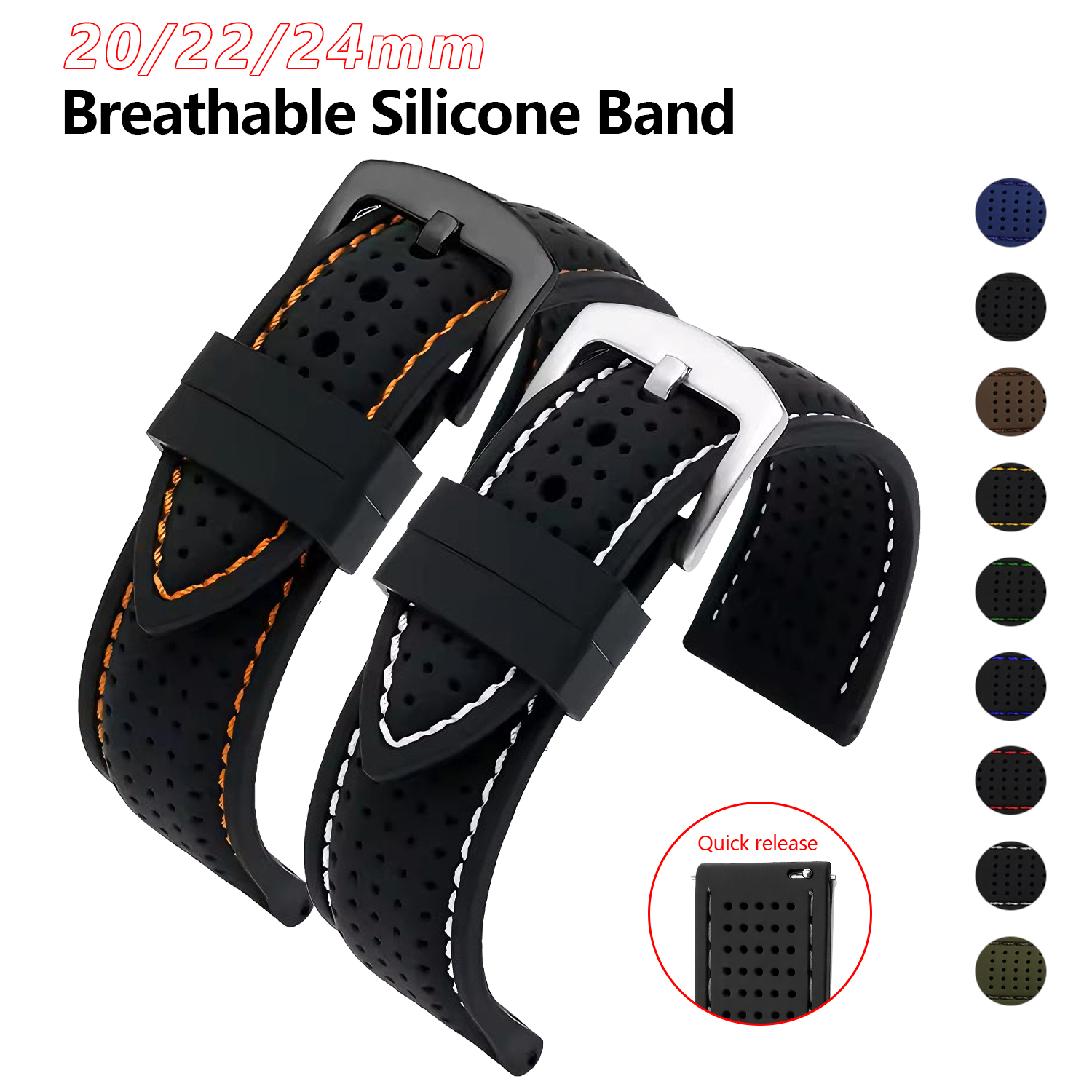 Pulseira de relógio de borracha de silicone macio 20mm 22mm 24mm masculino feminino esporte à prova dwaterproof água respirável pulseira de liberação rápida