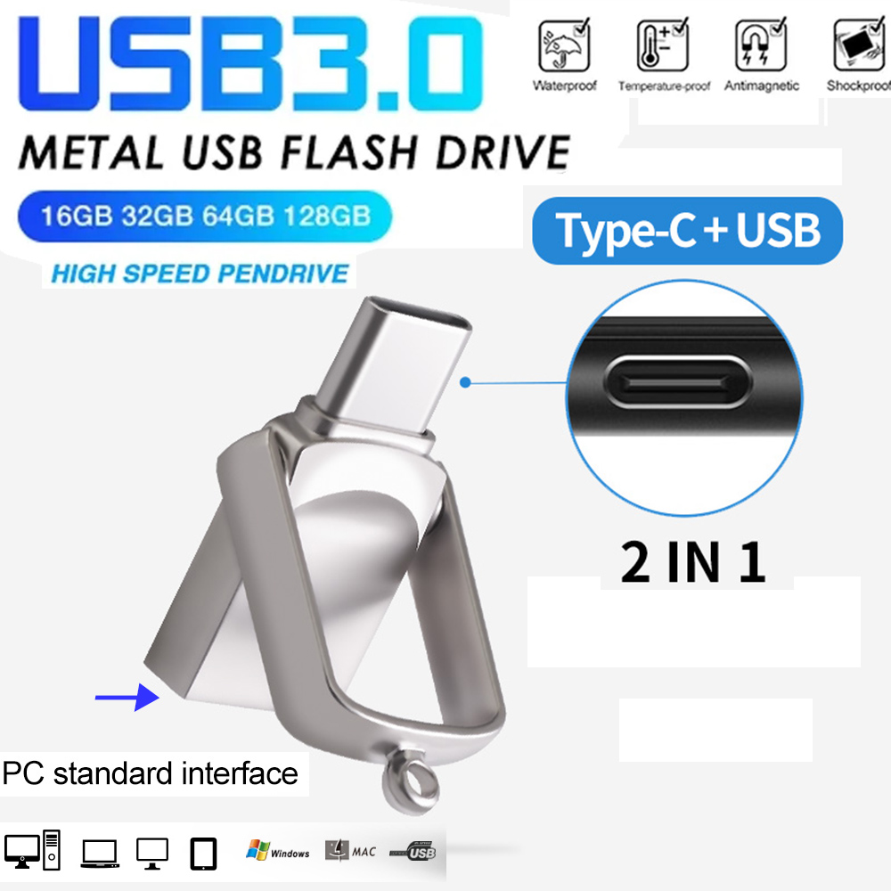 Clé USB 3.0 en métal haute vitesse, clé USB étanche, clé USB, disque U cadeau, 25 Go, 128 Go, 2 en 1, type-c, 3.0, 256 Go