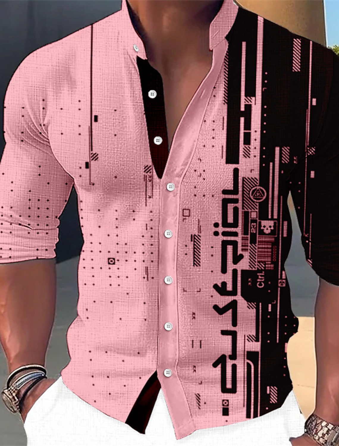 Camisa de manga longa masculina impressão gráfica geométrica gola ao ar livre rua manga longa impressão moda roupas design casual