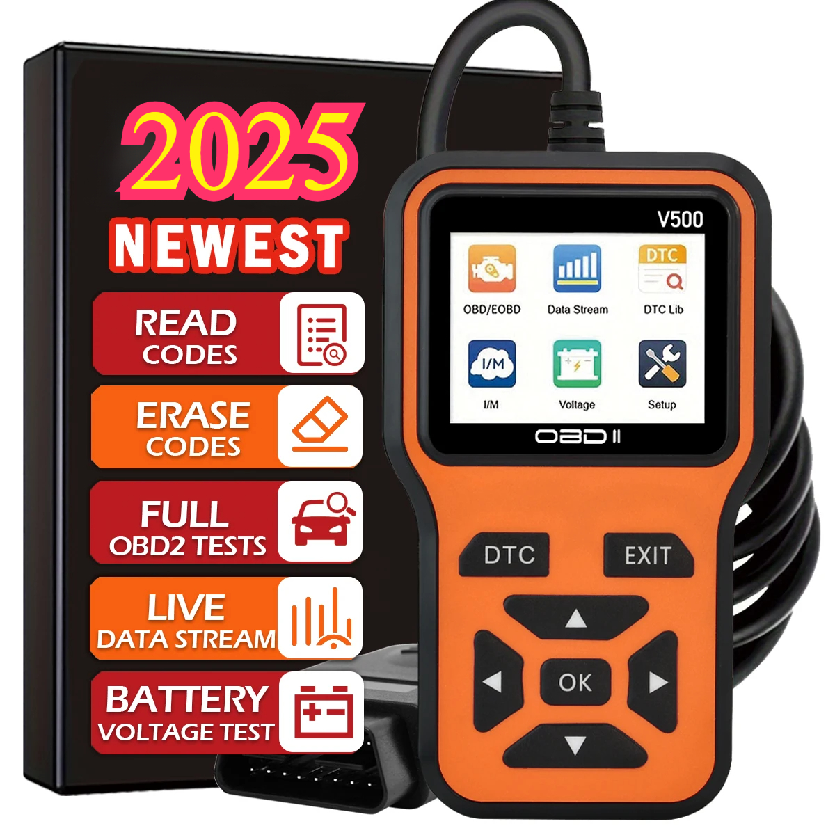 車のOBD2スキャナ診断ツールコードリーダー、車の電圧テスターエンジン故障コードスキャナ、充電テスター診断ツールV500